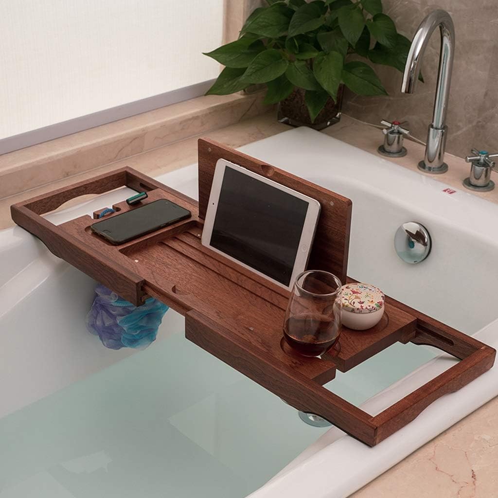 Tray Wood Bathtub Caddy Tray Stretch Bathtub Tray Rack with Tablet Holder Extending Sides Wine Glass Holder Rack Non-Slip Bathroom Rack Organizer (Color : A)