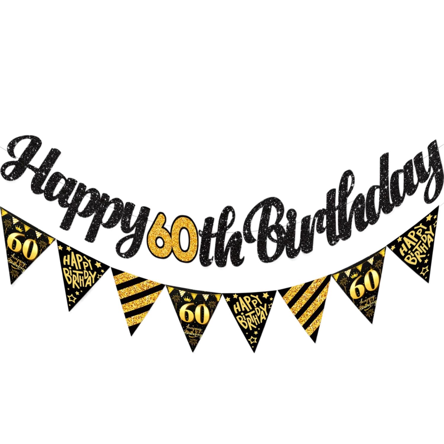 60th Birthday Decoration Kit, 60th Birthday Banner Black and Gold Party Supplies | Happy Banner Triangle Flags for Women Men