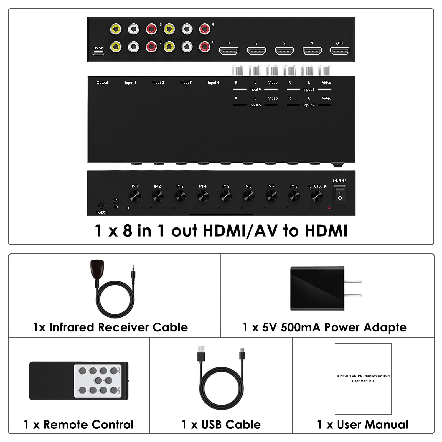 Switch HDMI/AV 8 in 1 con telecomando, 4K a 60 Hz 4:4:4, 4 ingressi HDMI e 4 × RCA a 1 uscita MI HD, HDR10/Dolby Vision, 18 Gbps, supporto 3D per TV/proiettore/monitor