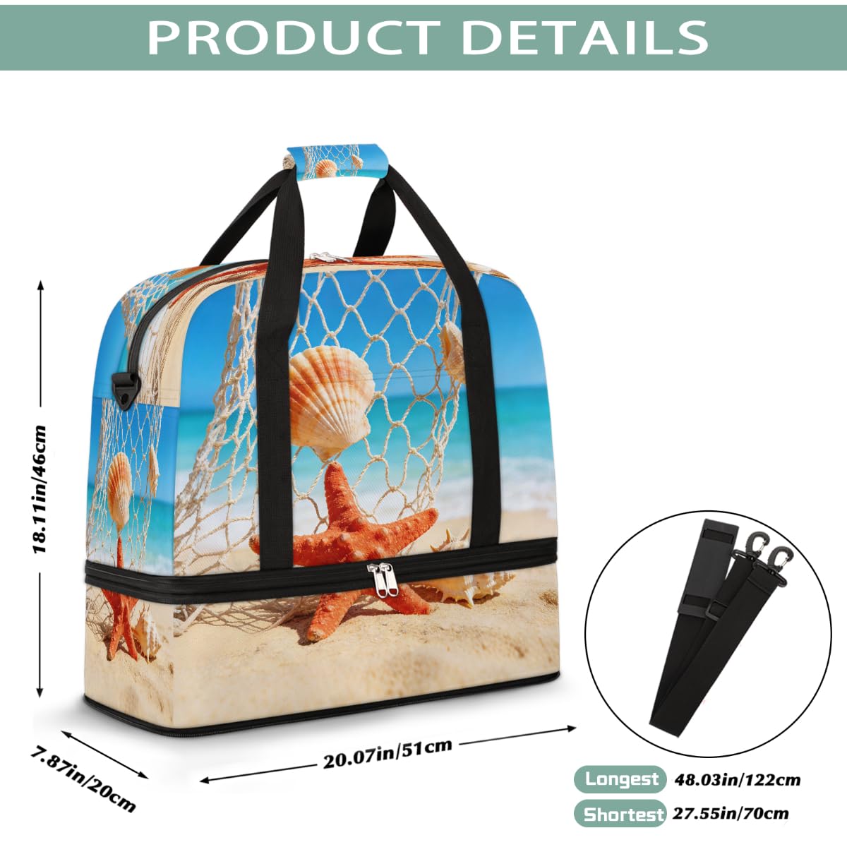 Borsone da viaggio pieghevole estivo da spiaggia, conchiglia, stella marina, borsa da palestra espandibile con scomparto per scarpe, borsa da weekend di grande capacità, borsa da portare a mano per