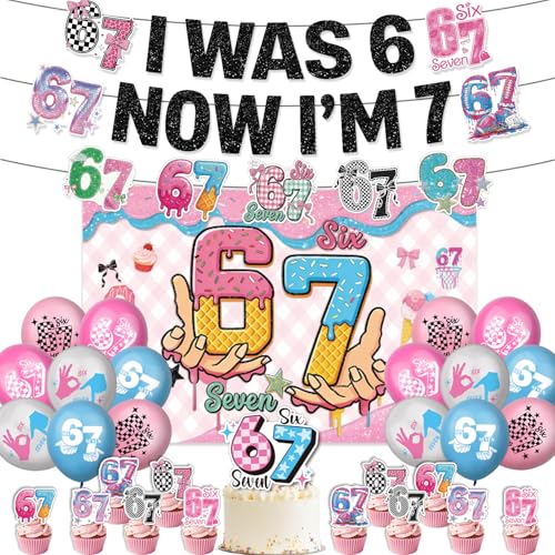 6 7 Birthday Decorations 67 Party Decorations with Backdrop Banner Cake Topper Cupcake Toppers Balloons 67 Birthday Decorations for I Was 6 Now Im 7 Birthday Decorations