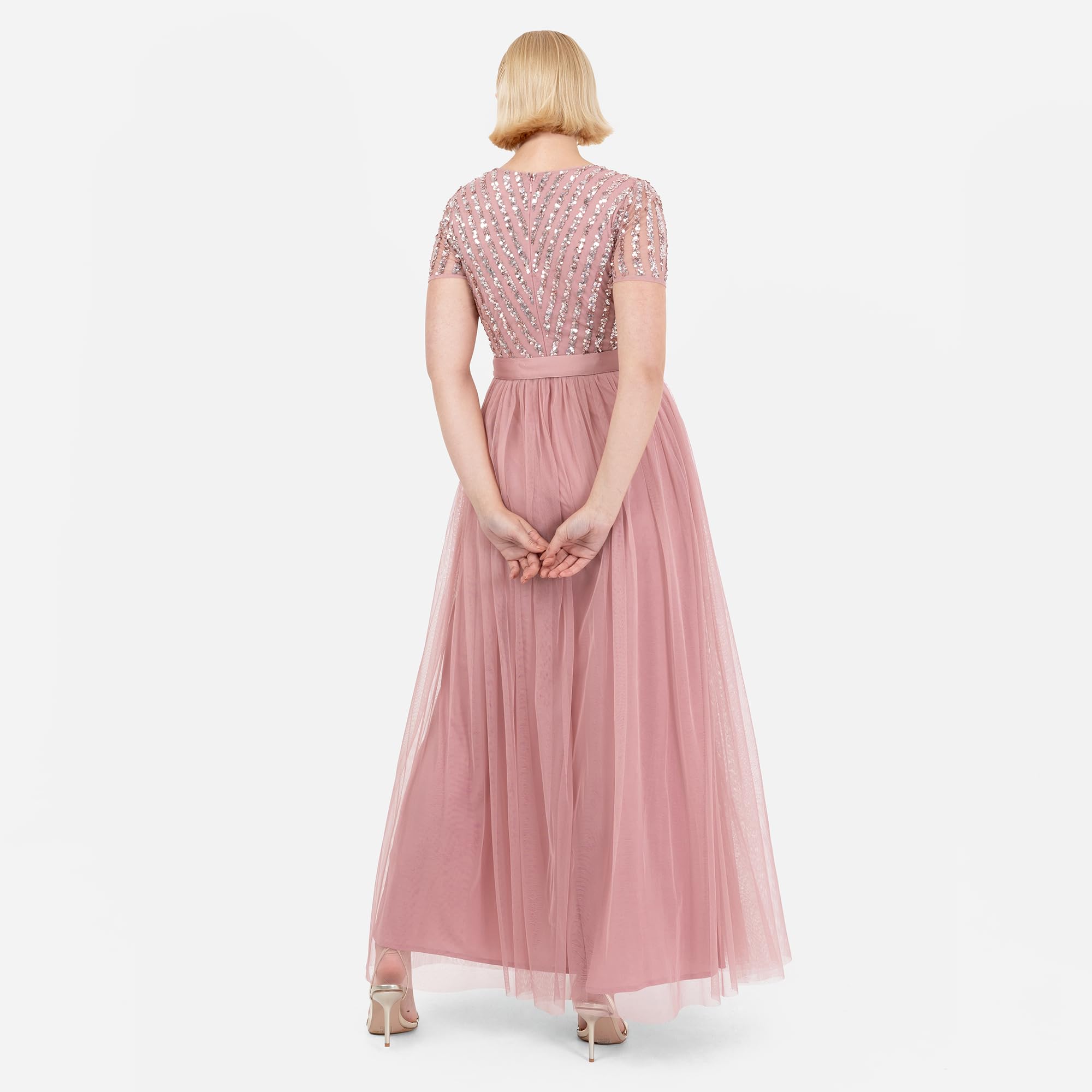 Maya Deluxe Sukienka maxi dla kobiet damska suknia balowa z dekoltem w szpic z krótkim rękawem długa elegancka talia Empire z paskiem vintage róża rozmiar 26, Róża Vinatge, 52
