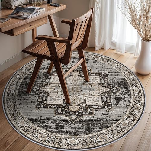 Living Room 4round Area Rugs - Boho Rugs for Bedroom Kitchen Stain Resistant Carpet Vintage Tribal Rugs for Dining Room Bathroom with Non Slip Backing Home Decor Floor Mat 4ft Black