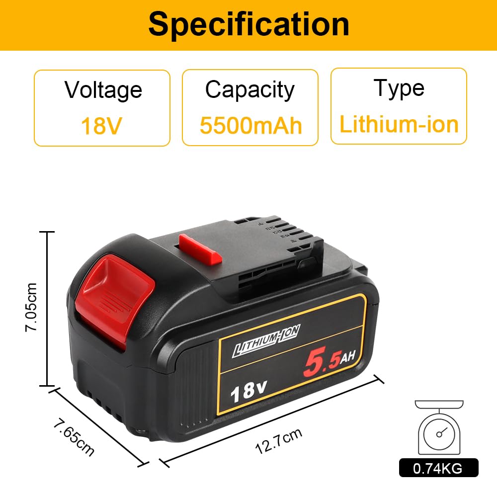 Powarobor DCB184 18V 5,5Ah Li-Ion vervangende accu compatibel met Dewalt 18 volt accumachines met led-laadniveau-indicator, 2 stuks