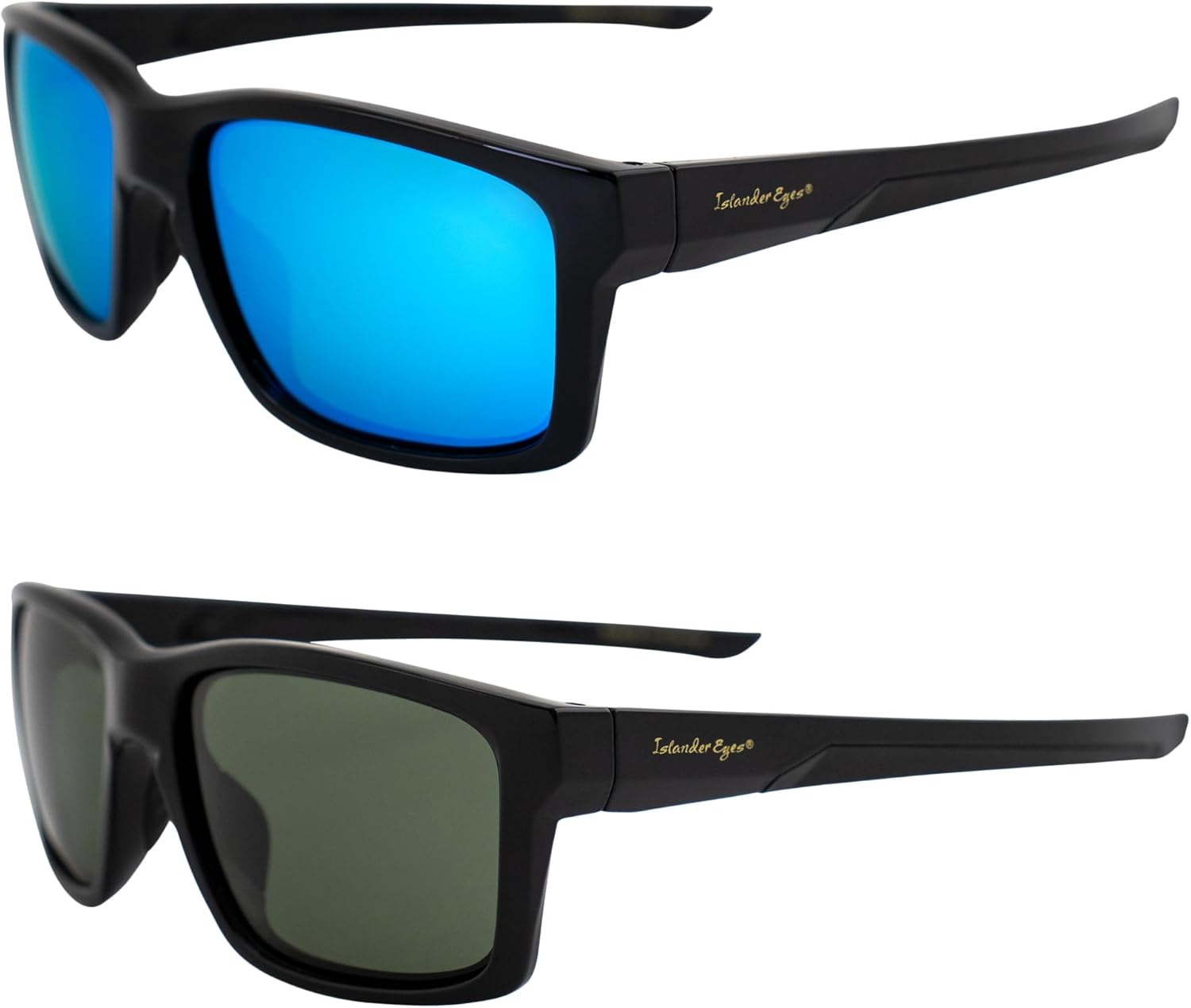 Roatan Polarized Sunglasses for Men or Women 2 Pairs Square-Shaped Black Frames w/Blue Mirror & Green Lenses