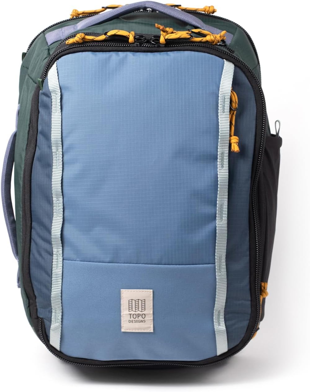 Topo Designs Global Travel Backpack, 25 Liter Bag, 3x Padded Grab Handles, Stretch Mesh, 100% Recycled Nylon Construction, PFAS-Free, Bluesign Approved (Stone Blue/Ash Green)