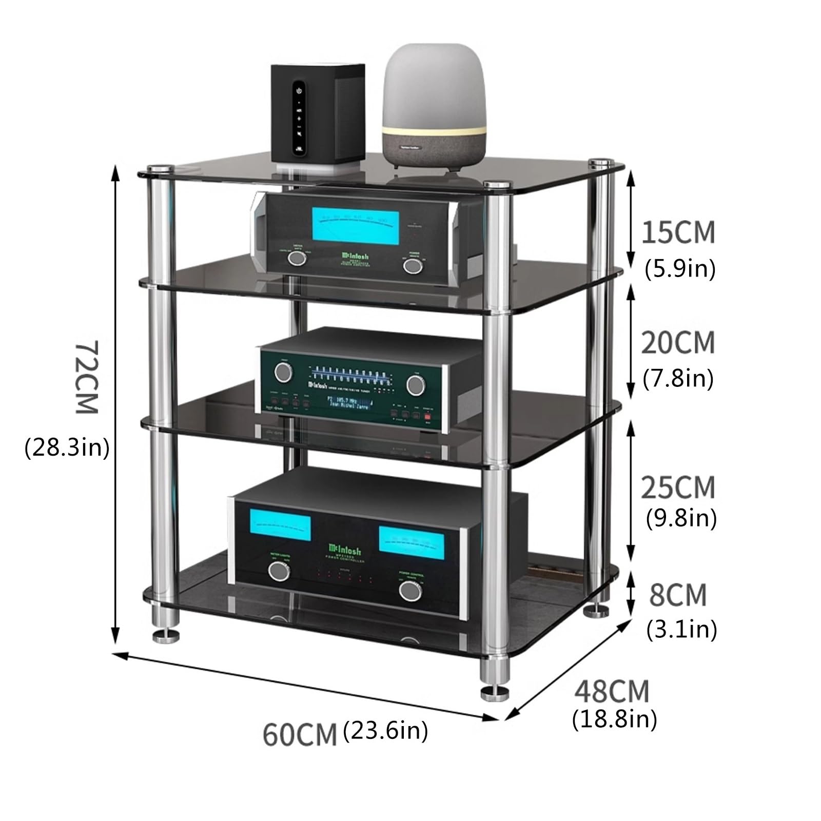 Supporto multimediale AV in vetro temperato a 4 livelli per audio-video stereo console per Home Theater Design moderno trasparente a 4 strati Soluzione di archiviazione durevole ed elegante