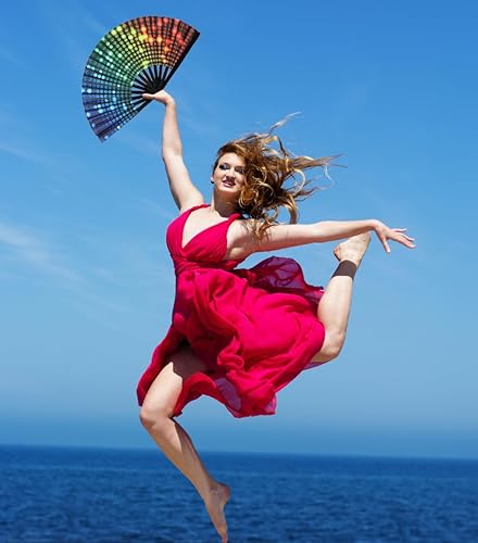 Miniatura 4 de Abanico plegable grande de bambú de 2 piezas, ventilador de mano plegable de rave, ventilador de mano plegable chinojaponés de tela de nailon para