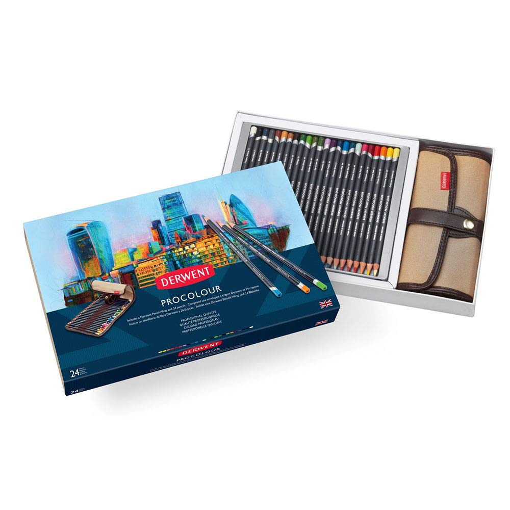 Derwent Procolour Juego de 24 Lápices de Colores de Textura Suave de Calidad Profesional en 1 Estuche Enrollable de Viaje, 4 mm