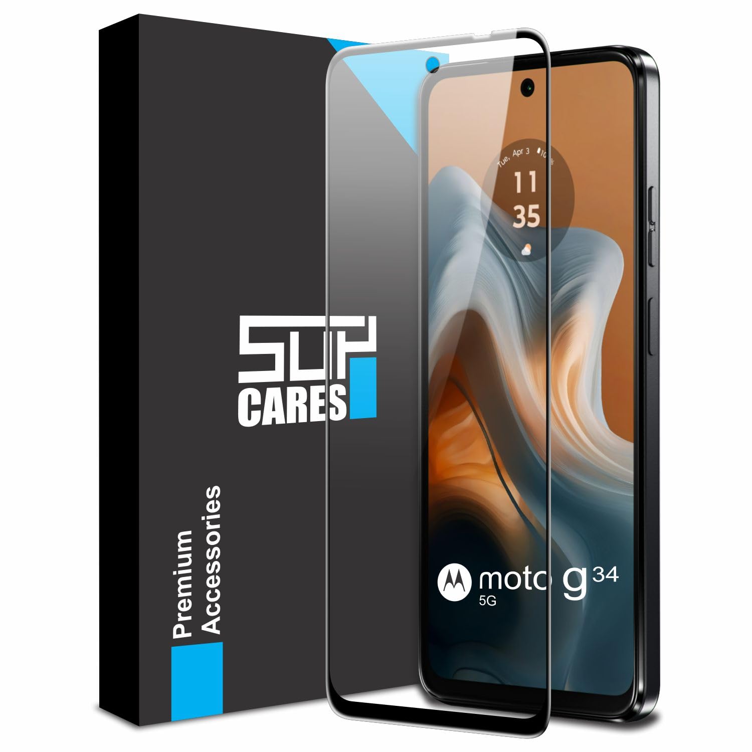SupCares Tempered Glass for Motorola Moto G34 (6.5 Inch) With Installation Kit | 9H Edge to Edge Screen Protector | Black