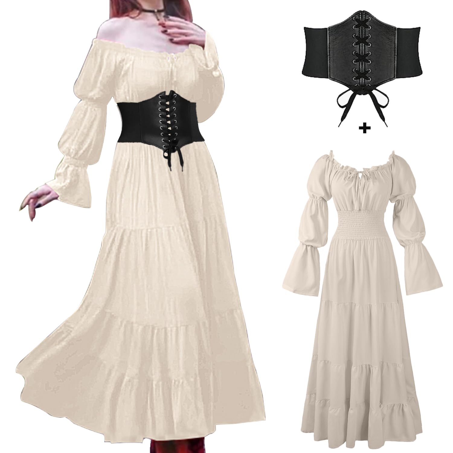 BITSEACOCO Halloween Renaissance Dress for Women, Medieval Victorian Gothic Pirate Peasant Witch Costume Irish Fairy Dresses