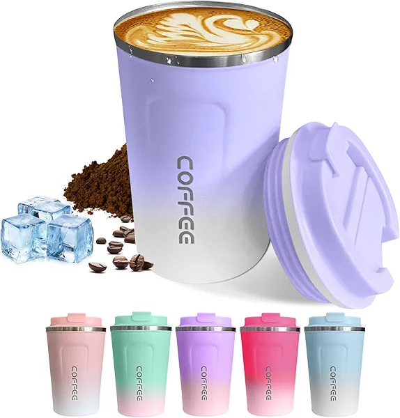 Travel coffee mugs leak-proof, reusable coffee cups with lids, stainless steel vacuum thermos coffee tumblers,thermal insulation cups for men and women hot & cold drinks (2nd-Purple White, 12OZ)
