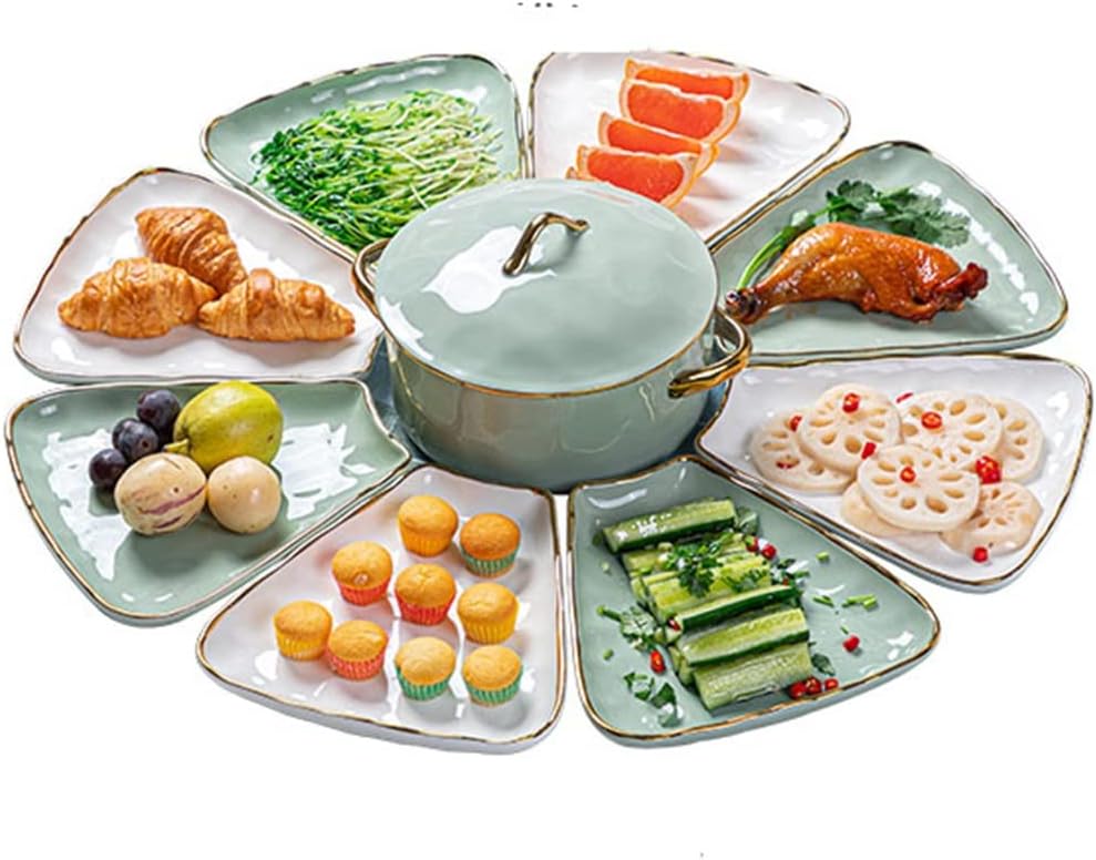 Green Tableware Platter Household Ceramic Tableware Reunion Combination Dish Plate Plate Dish Soup Pot (D AS Shown)