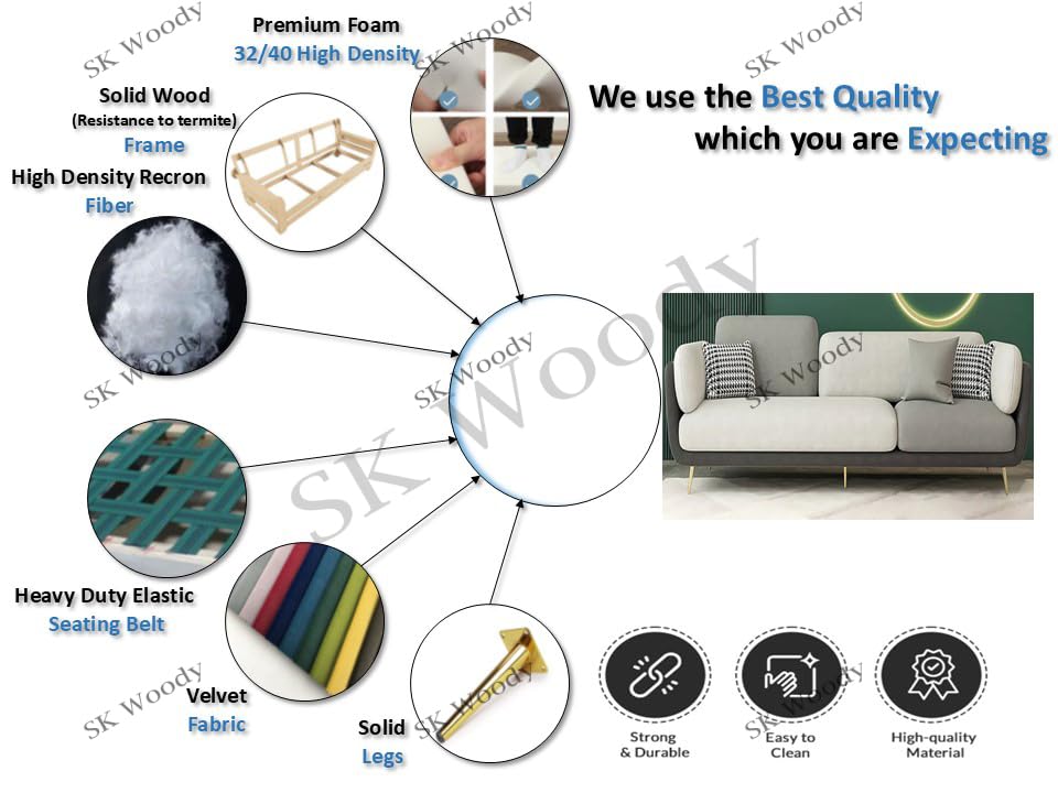 Image of Black Wood Modern Luxury Velvet Fabric 3 Seater Sofa with Ottoman Pouffe in Bug Resistant Solid Wood for Bedroom, Living Room, Dining Room (Dark Grey & Beige, 3 Seater, Sofa with Pouffe)