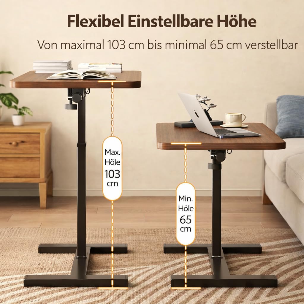 Mesa auxiliar con ruedas, mesa de café móvil en forma de C, 60 x 40 x 106 cm, mesa de salón con estructura de metal, para café y portátil, diseño industrial, color marrón y negro