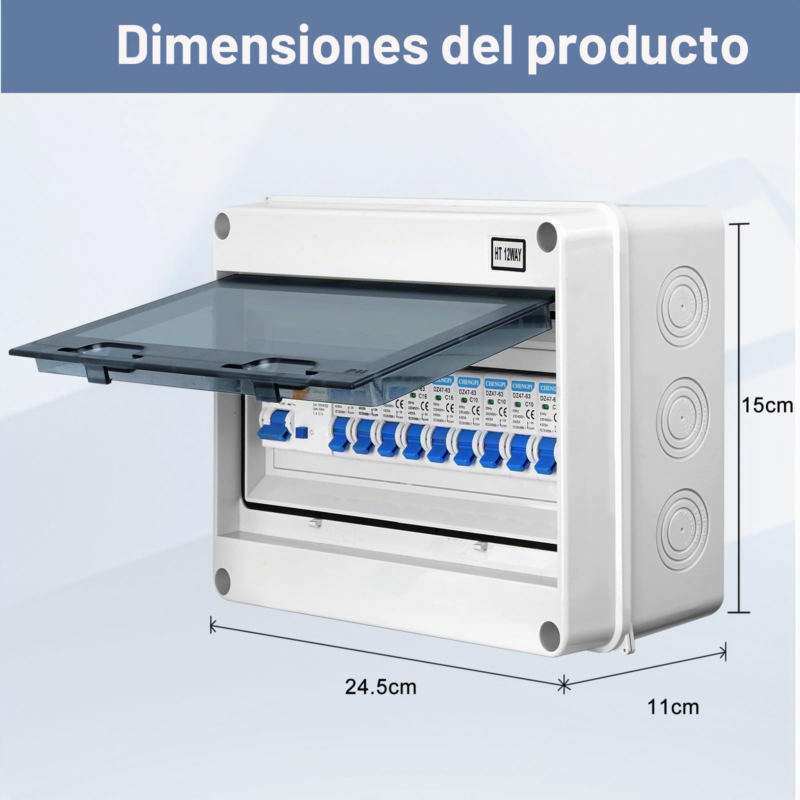 Caja de fusibles, IP65, distribuidor pequeño distribuidor, caja de distribución para casa/oficina/centro comercial, disyuntor de 100 A, interruptor de aire, 4 x 10 A+3 x 16 A+2 x 20 A/12
