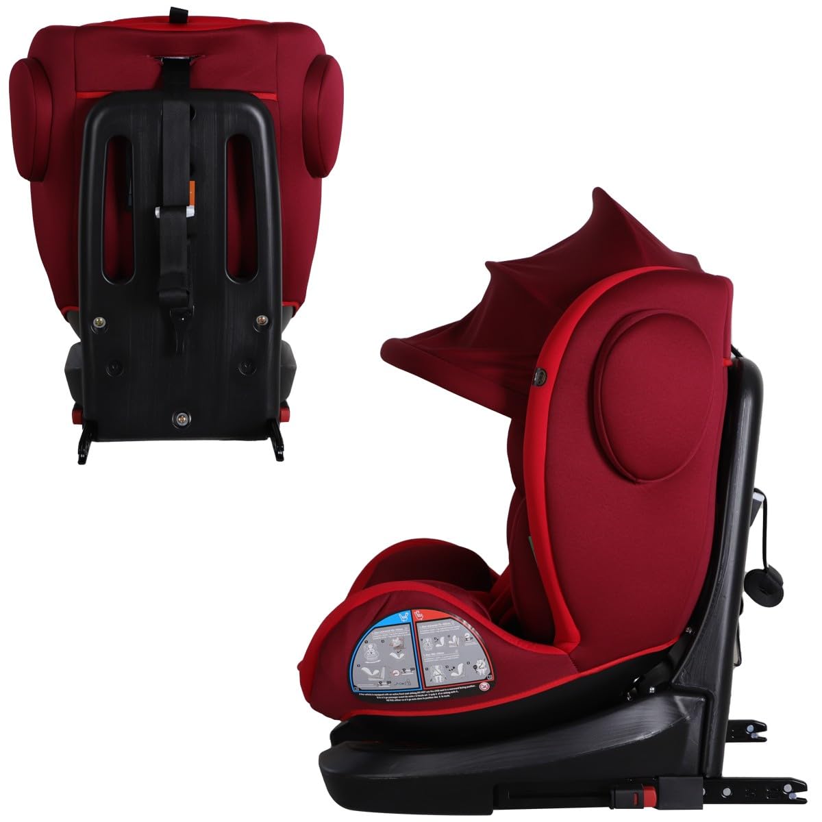 Seggiolino auto girevole a 360° ZELI - i-Size evolutivo da 40 a 150 cm (0-36 kg) - Isofix & Top Tether Rosso con baldacchino