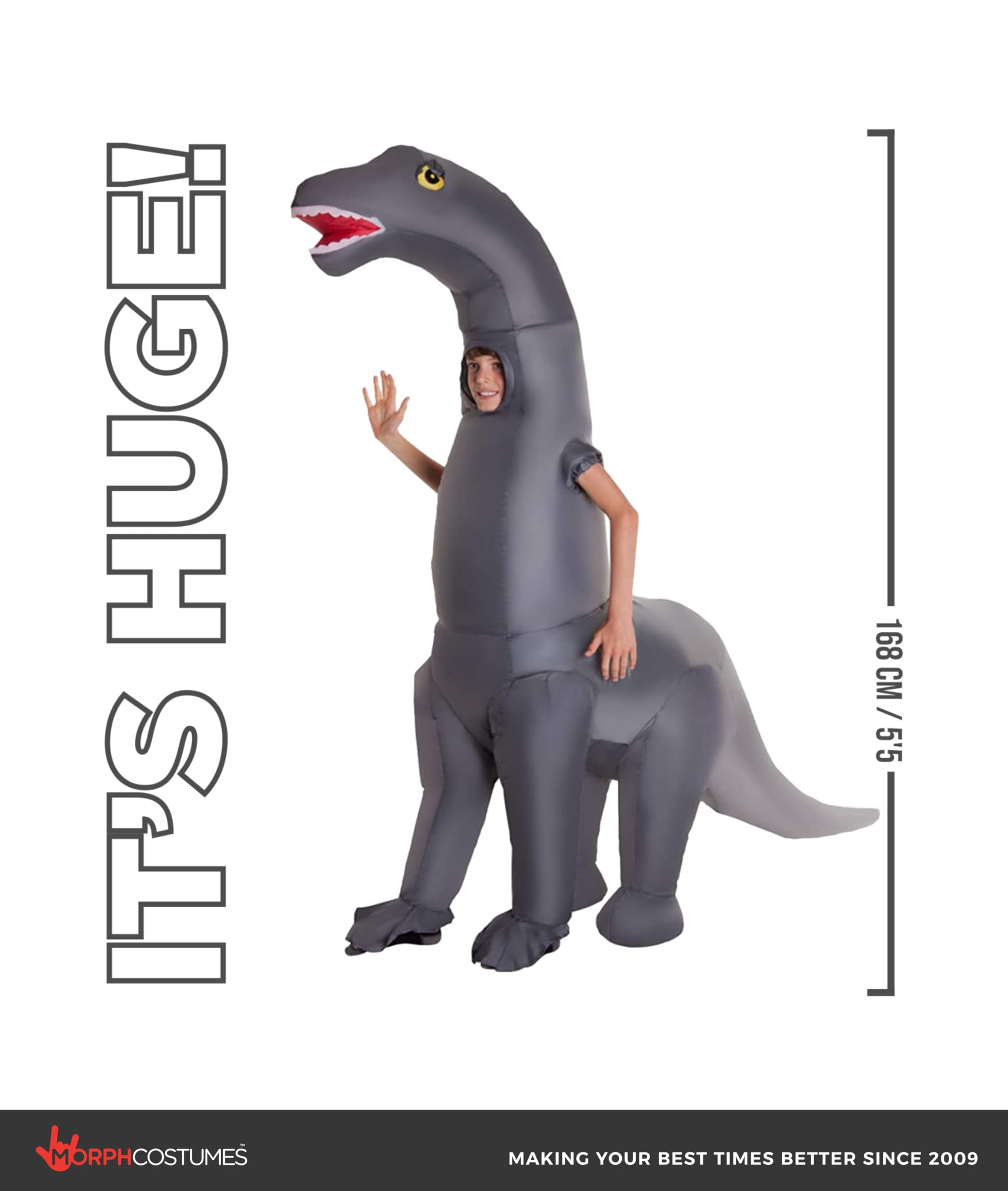 Morph Dinosaurier Kostüm Kinder, Aufblasbares Halloween Kostüm Kinder | Aufblasanzug mit Lüfter, Graues Dino-Design, Bläst in 60 Sekunden auf, Perfekt für Halloween, Immer ein Hit
