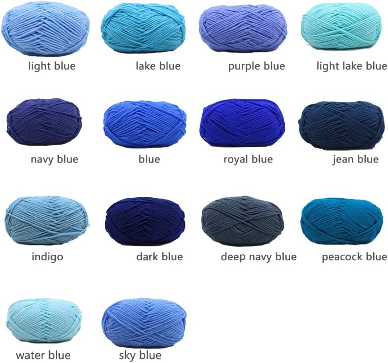 A color chart displaying 14 different shades of blue milk cotton yarn, including light blue, navy blue, indigo, and water blue.