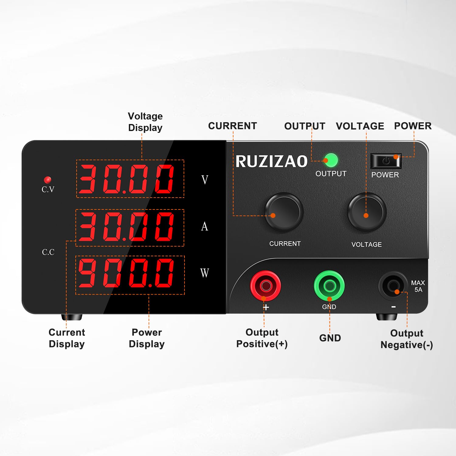 Alimentatore da Banco 30V 30A 900W Alta Potenza Alimentatore da Laboratorio con OUTPUT/Encoder, Alimentatore Regolabile con Display a LED a 4 Cifre e Uscita Stabile per Laboratorio/Elettronica