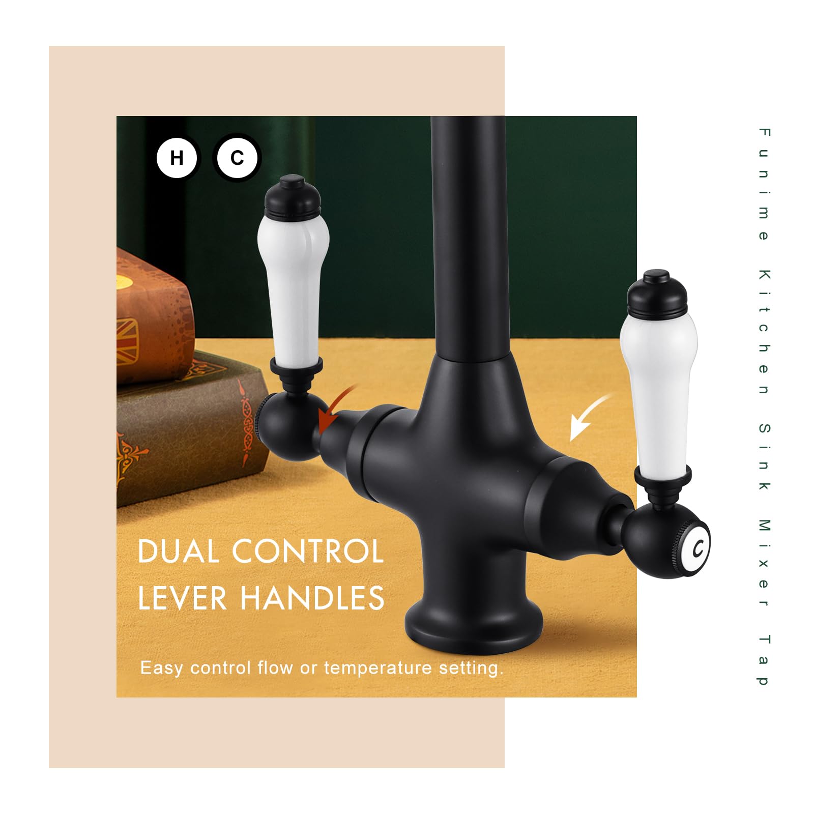 Rubinetto miscelatore da cucina con doppia leva in ceramica bianca, nero opaco, rubinetto tradizionale per lavello da cucina in stile vittoriano con beccuccio girevole a 360 gradi, rubinetto