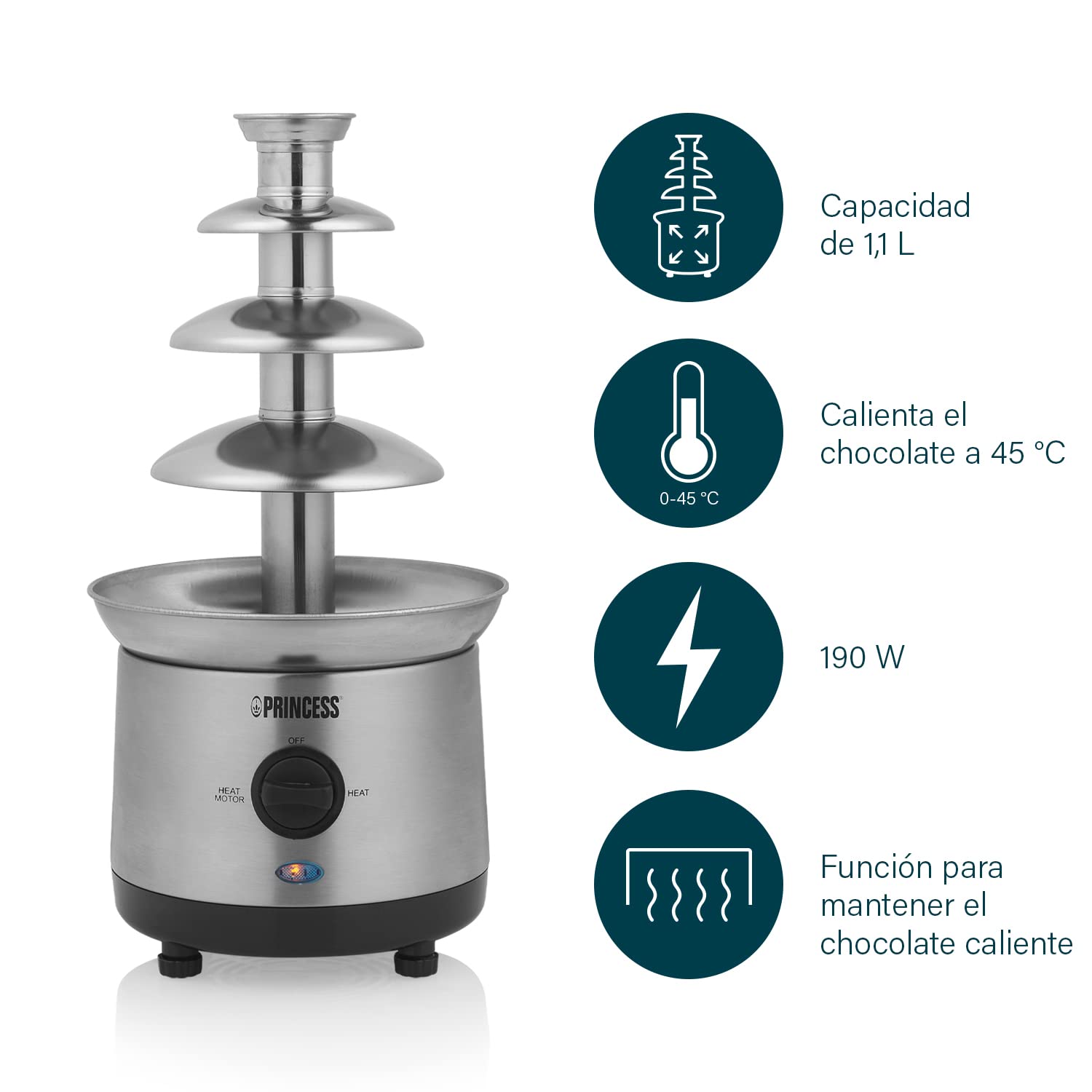 Princess 292999 Fuente de Chocolate XXL, 1.1 litros de capacidad, 4 alturas, carcasa de acero Inoxidable, carcasa de acero inoxidable, apta para todo tipo de chocolate, base antideslizante, 190 W