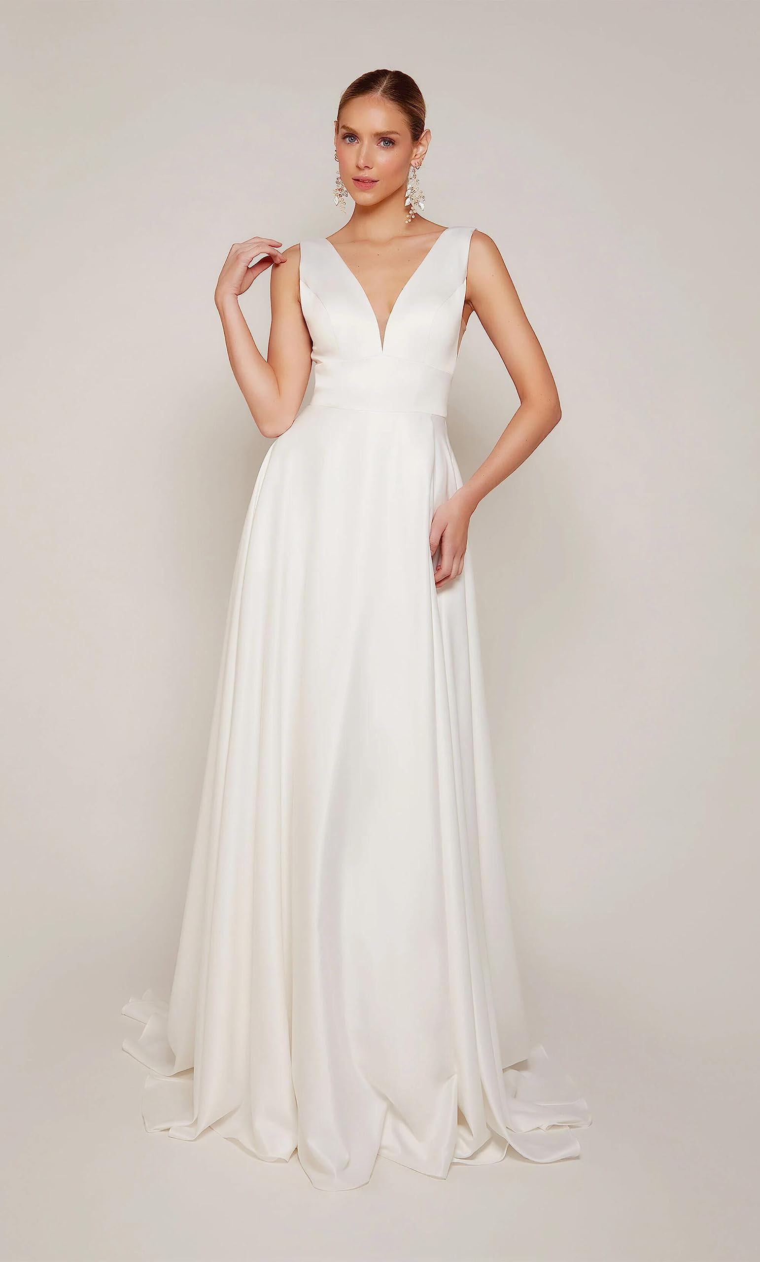 Abito da Sposa Abiti da Sposa Manica Lunga Scollatura a V Ufficio Civile Moda Sposa Abiti da Sposa, Bianco 17, 34