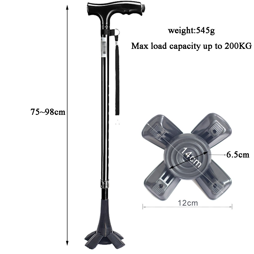 Bastoni da Passeggio in Lega con Impugnatura LED a Luce Stampelle 10 Livelli di Altezza Regolabili per Uomini o Donne Disabili e Anziani Canna da Mobilità con 4 Gambe Base Antiscivolo Max. 200kg