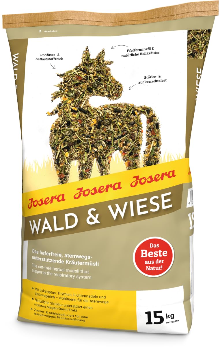 Josera Forest & Wiese, 1 x 15 kg, Comida para Caballos Premium: el Cereal de Hierbas Que Ayuda a Respirar, sin Avena, Reduce el almidón y el azúcar, 1 Unidad