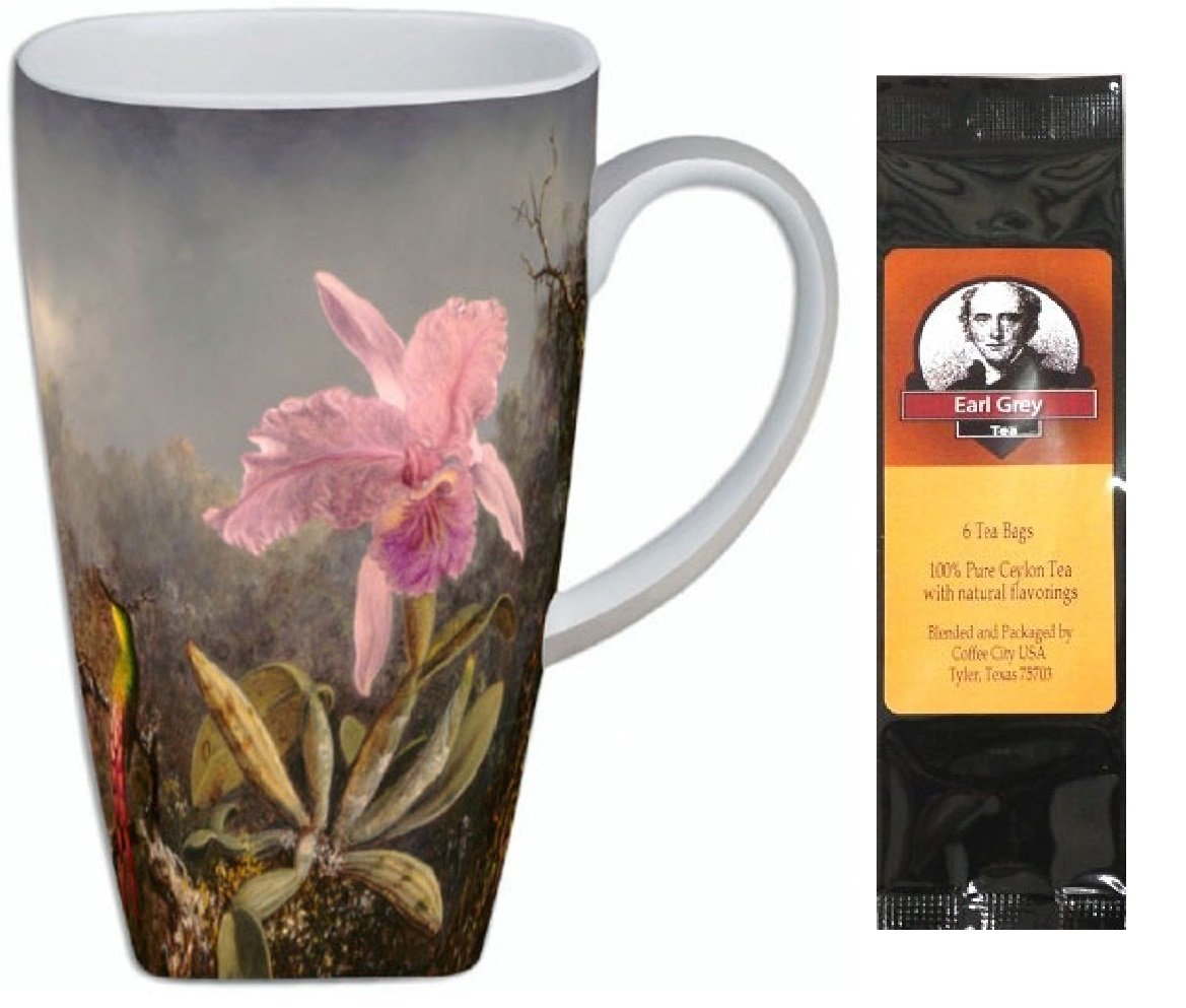 Heade Cattleya Orchid and Three Hummingbirds Grande Coffee Mug, Matching Box Bundle with 1 Package of 6 Tea Bags