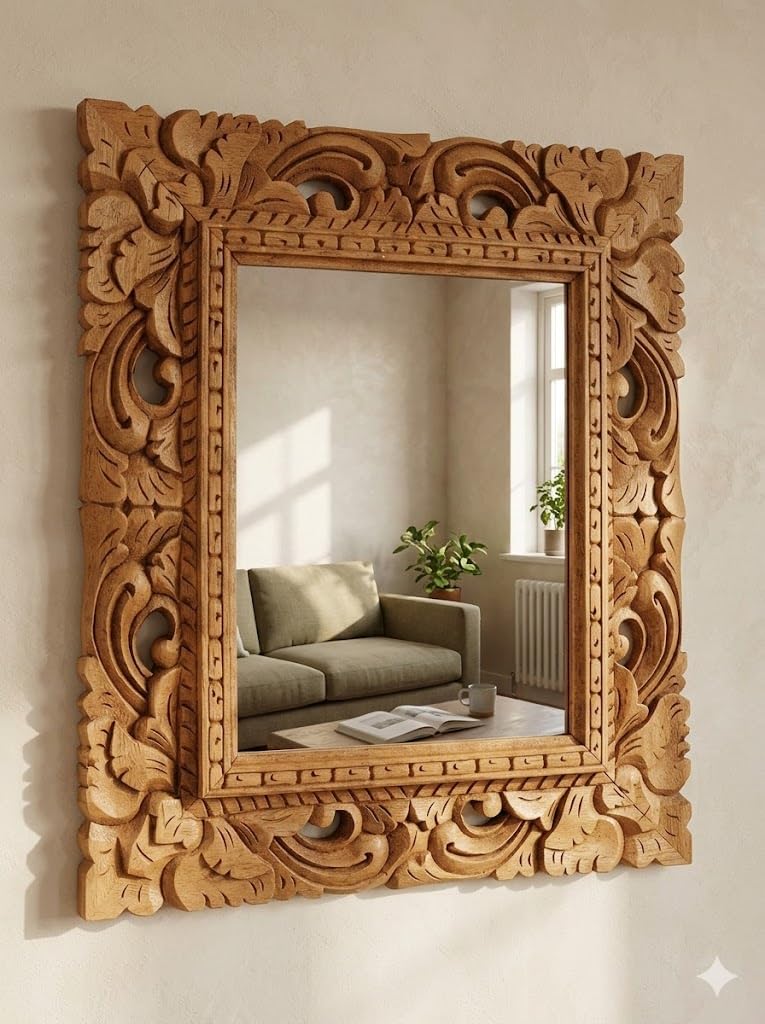 Aafiyat Wooden Wall Mirror Frame Size (24x30) Inch Colour Natural Brown Vintage Rectangular Floral Wood Carved Mirror, Handcrafted Wooden Mirror Frame, Only Frame With Out Mirrors-picture-25