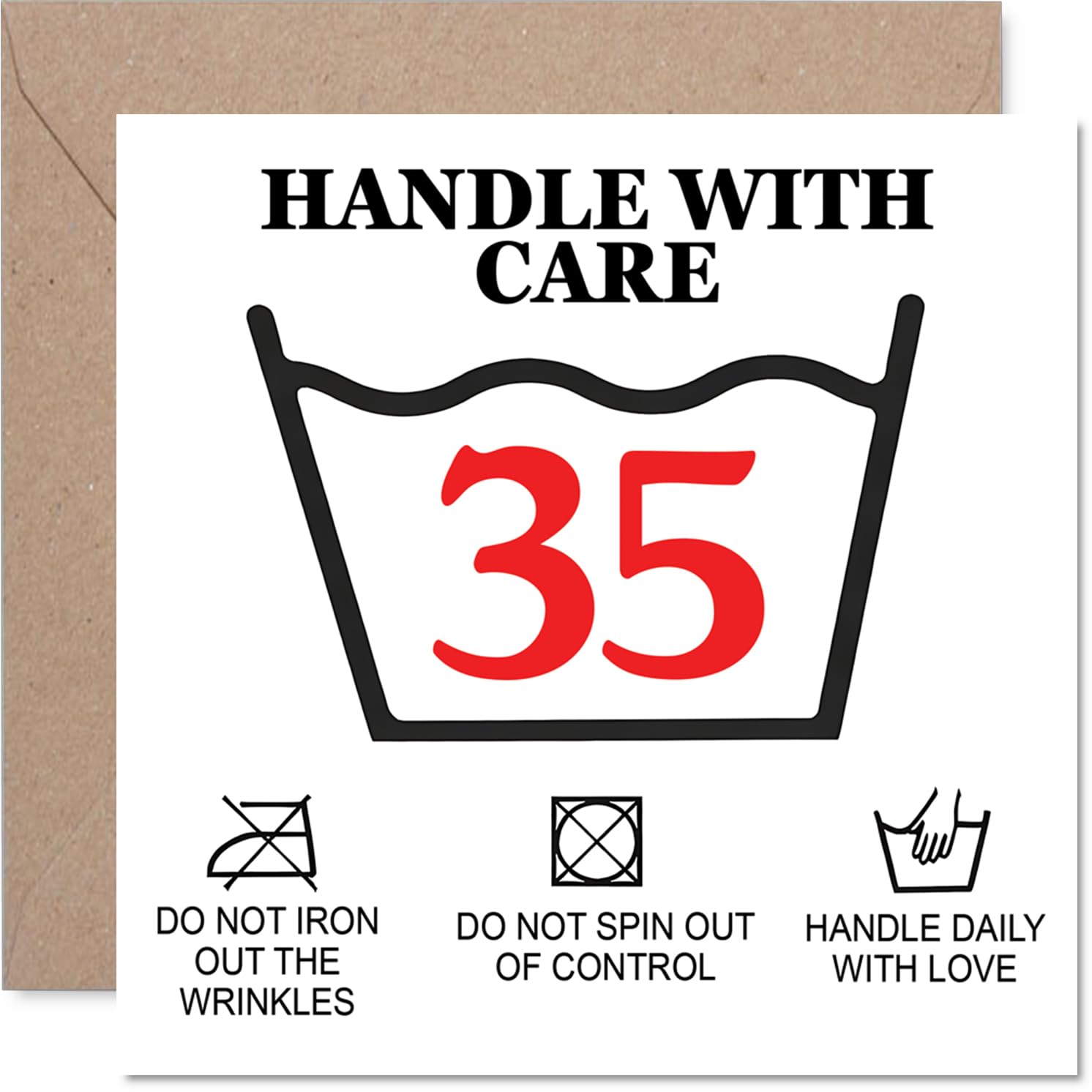 Playful 35th Birthday Card - Playful Care Instructions Twist - Humorous 'HANDLE WITH CARE' and 35 Motif - 145mm Square, Envelope Included