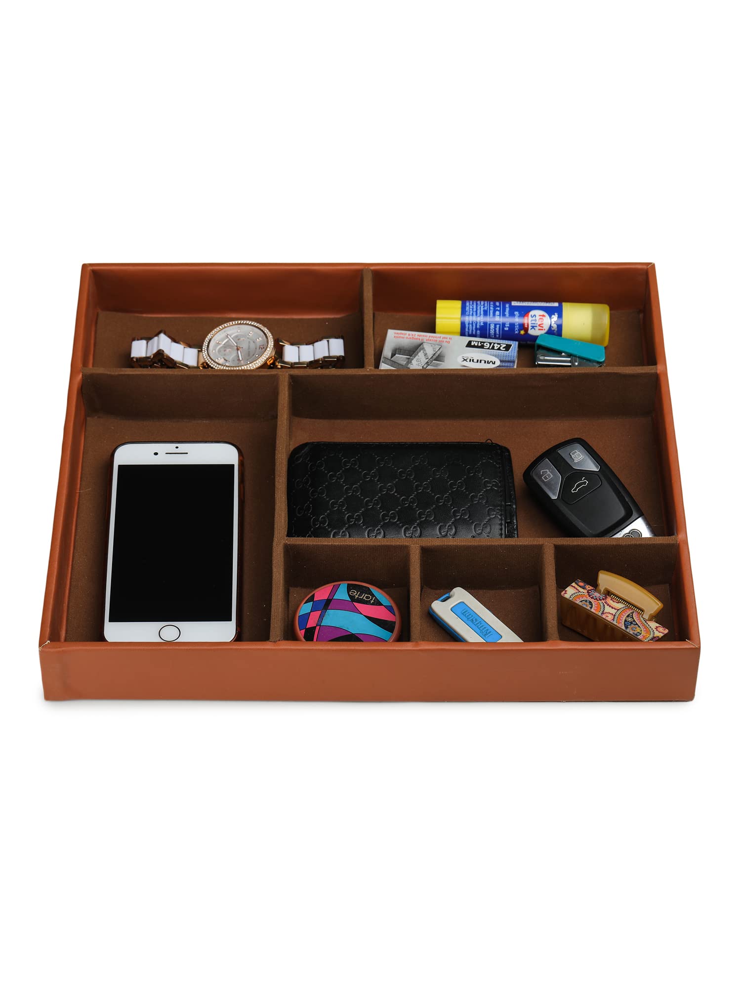 Vassoio in pelle sintetica con 7 scomparti per tavolo d'ingresso, chiavi, portafoglio, orologio, cambio monete, telefono, cassettiera, gioielli EDC, contenitore da scrivania