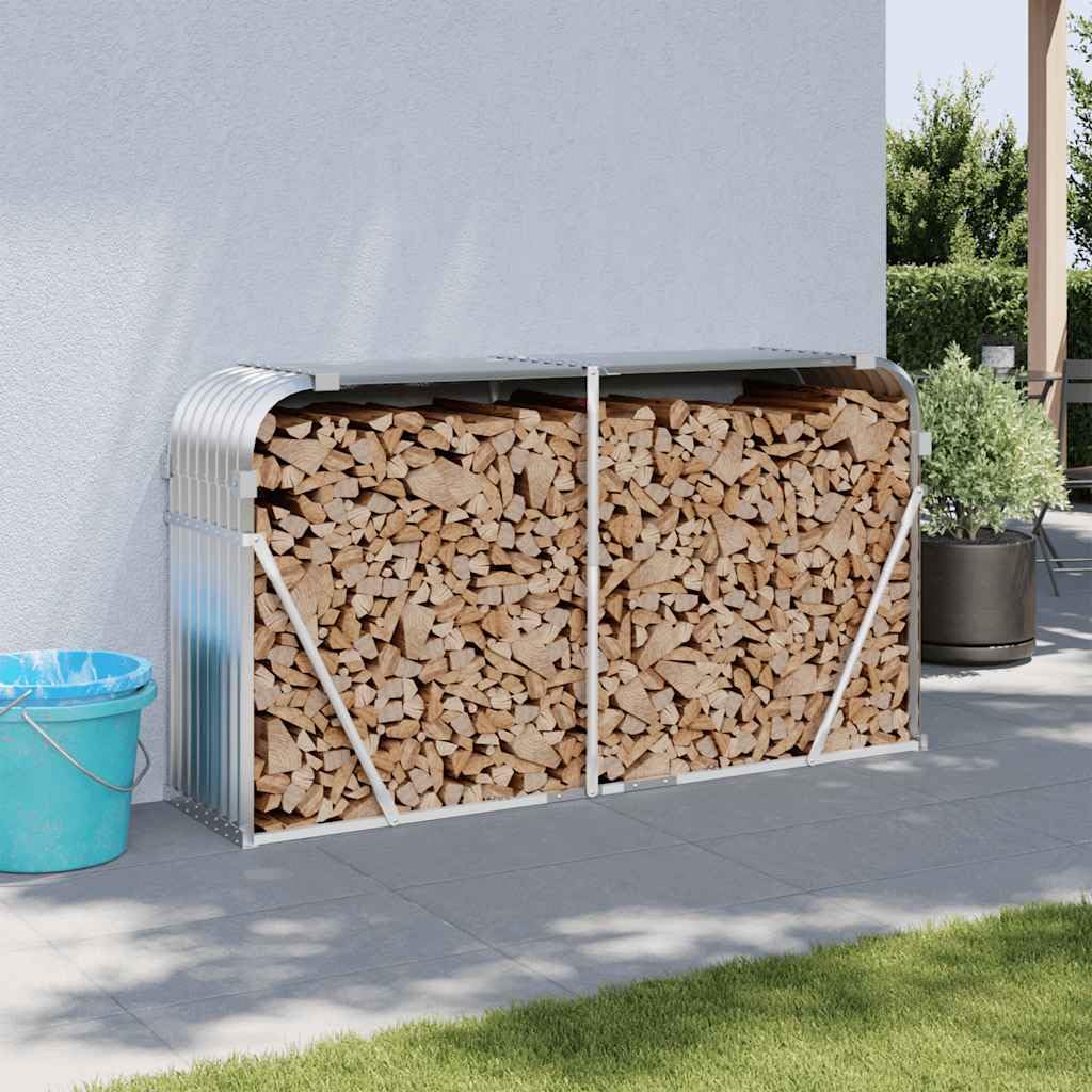 Kaminholzunterstand Silbern 180x45x100 cm, Verzinkter Stahl Kaminholzständer für Brennholz, Holzablage für Kamin mit Wandhalterung, stabiler Metall Holzspeicher für Außen