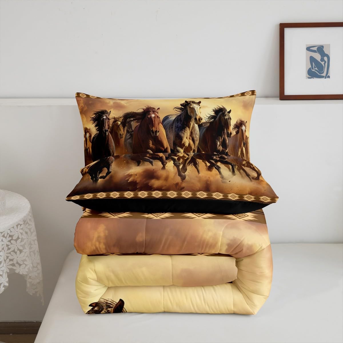 Feelyou Boho Comforter Set Twin Size Horses Comforter Southwestern Native Aztec Bedding Set Retro Exotic Boho Duvet Set Room Decor Dark Brown Quilt Set