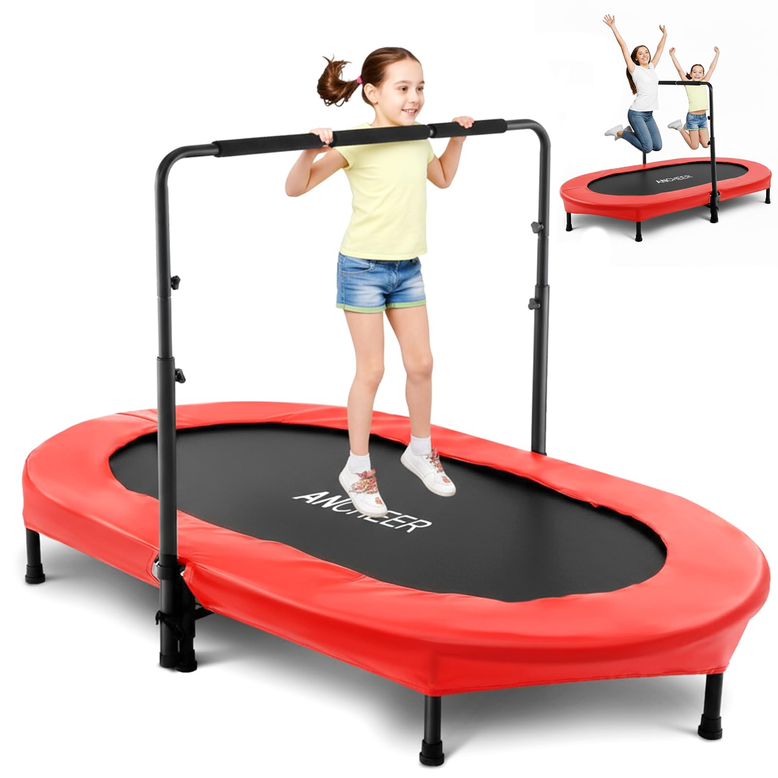 Trampoline for Kids, Toddler Trampoline Indoor Sports and Outdoor Games 56" Kids Rebounder 220LBS Capacity with Adjustable Safety Handrail Foldable Jumper for Boy Girls ASTM Certified