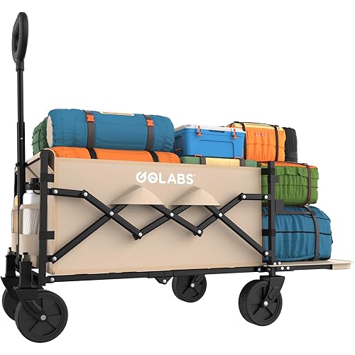 Golabs Collapsible Wagon Cart Max 350lb Load & Expandable Storage 100L, Double Bearing Design for Flexible Steering, Foldable Heavy Duty Garden Cart with 2 Cup Holders for Groceries, Garden & Camping