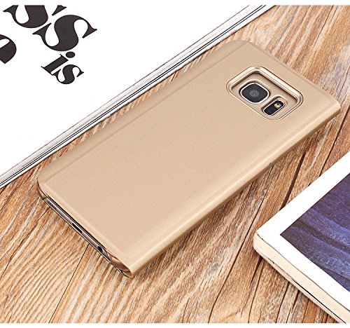 Shinetop Galaxy Note 5 Case, Luxury Smart Clear View Stand Flip Folio Cover Electroplate Plating Pc Mirror Case Ultra Slim Thin 360 Degree Full Body Protective Case For Samsung Galaxy Note 5-Gold #TOP2