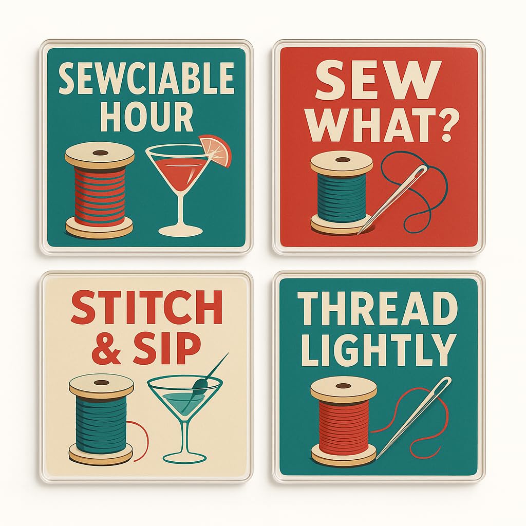 The Plum Penguin Sew Chic Vibes Acrylic Coaster Gift Set Of 4 With Cheeky Sewing Puns - Retro 1950S Chic Home Decor For Sewing Enthusiasts