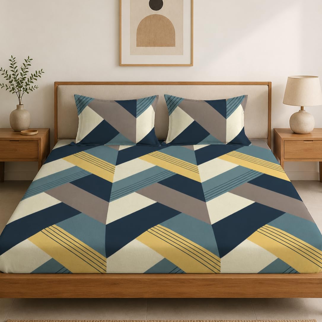 LOOMLYFE 300 TC Cotton Feel Glace Cotton Elastic Fitted Printed King Size Double Bed Bedsheet with 2 Pillow Covers Fits Upto 8 inches Mattress, Size- 72X78 Inches, BlueArrow