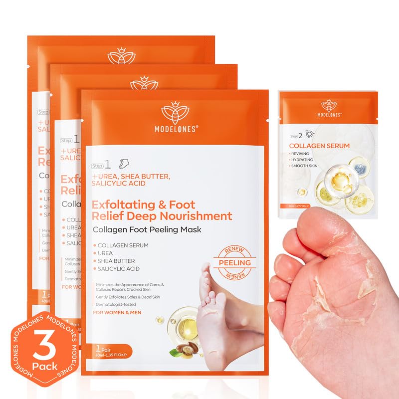 Modelones Mascarilla Exfoliante para Pies - 3 +3 Pares con Suero de Colágeno | Tratamiento Intensivo para Piel Seca y Callosidades | Adecuada para Hombres y Mujeres