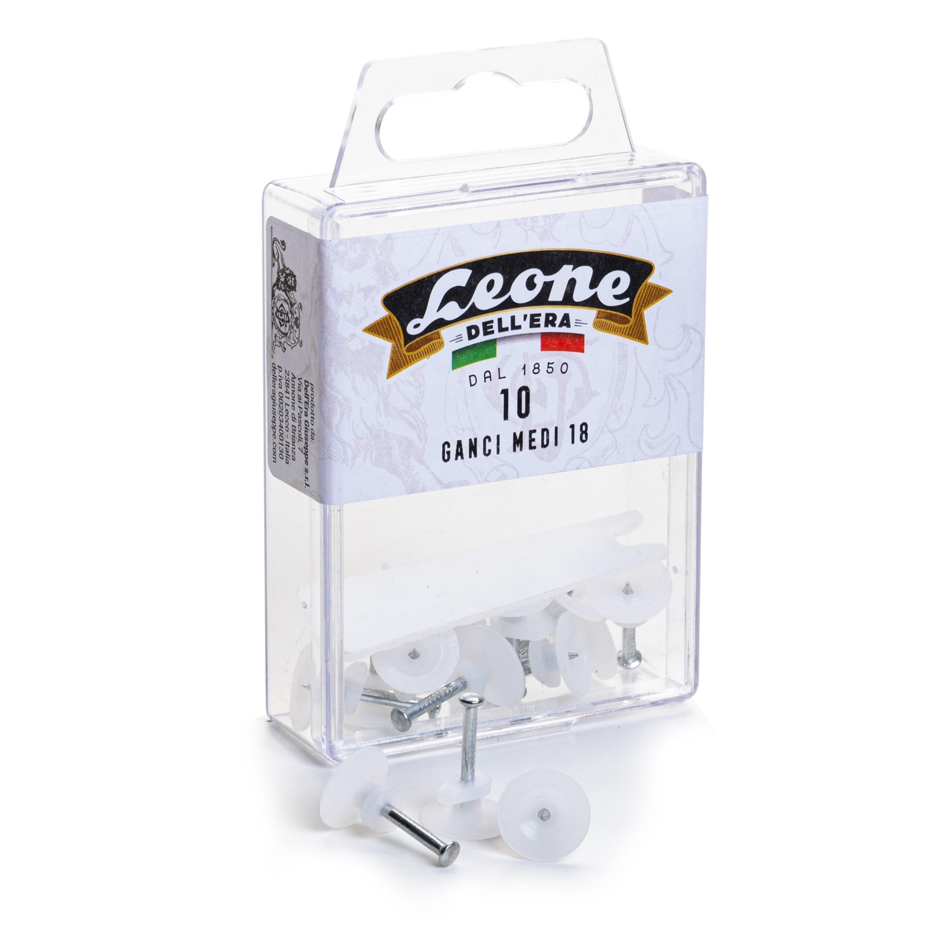 Leone Dell'Era 10 Ganci medi appendere quadri con chiodi in acciaio temprato - Scatola appendibile - Made in Italy, Bianco