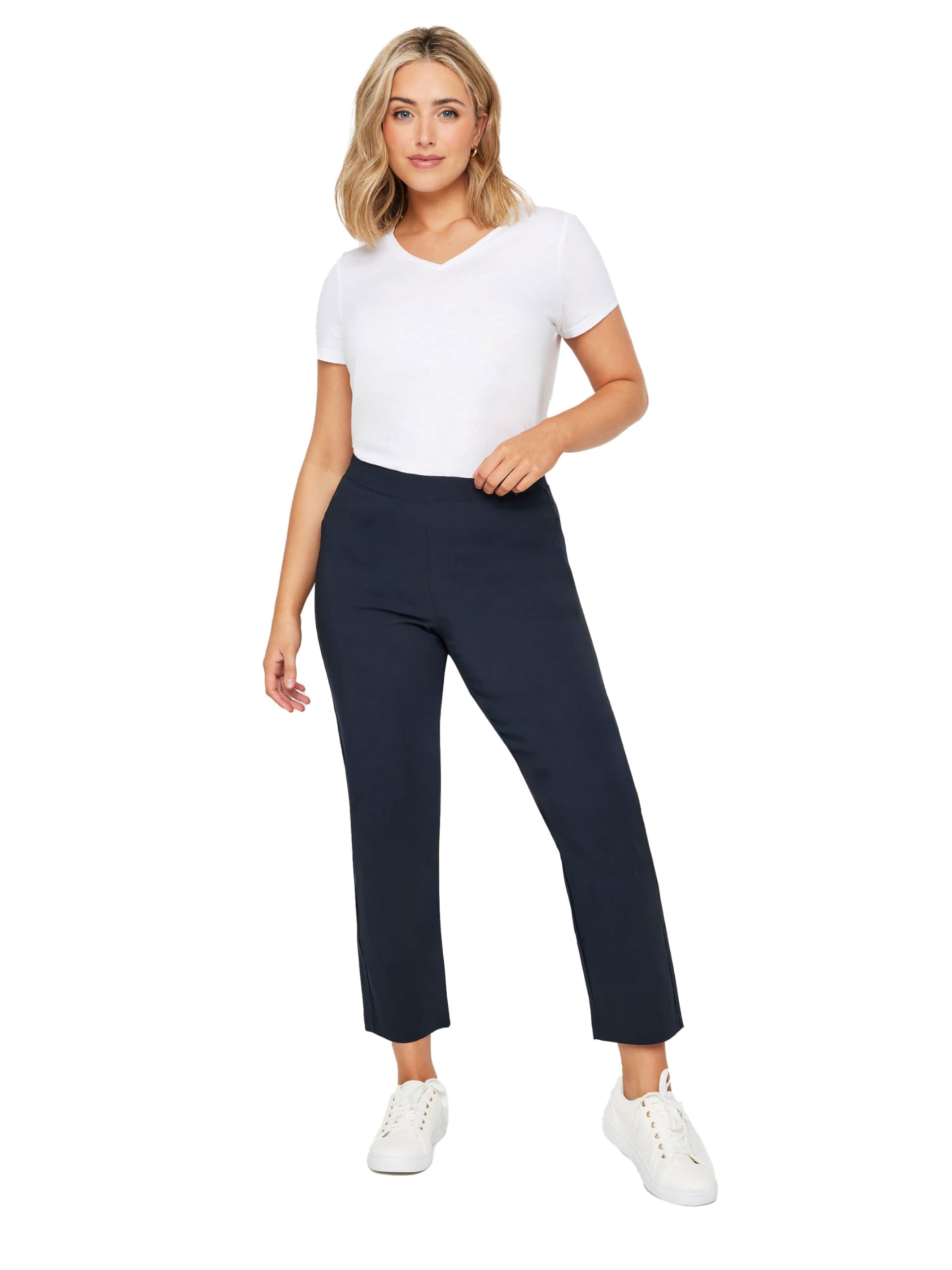 M&Co Navy Straight Leg Elasticated Bengaline Trousers - Women's