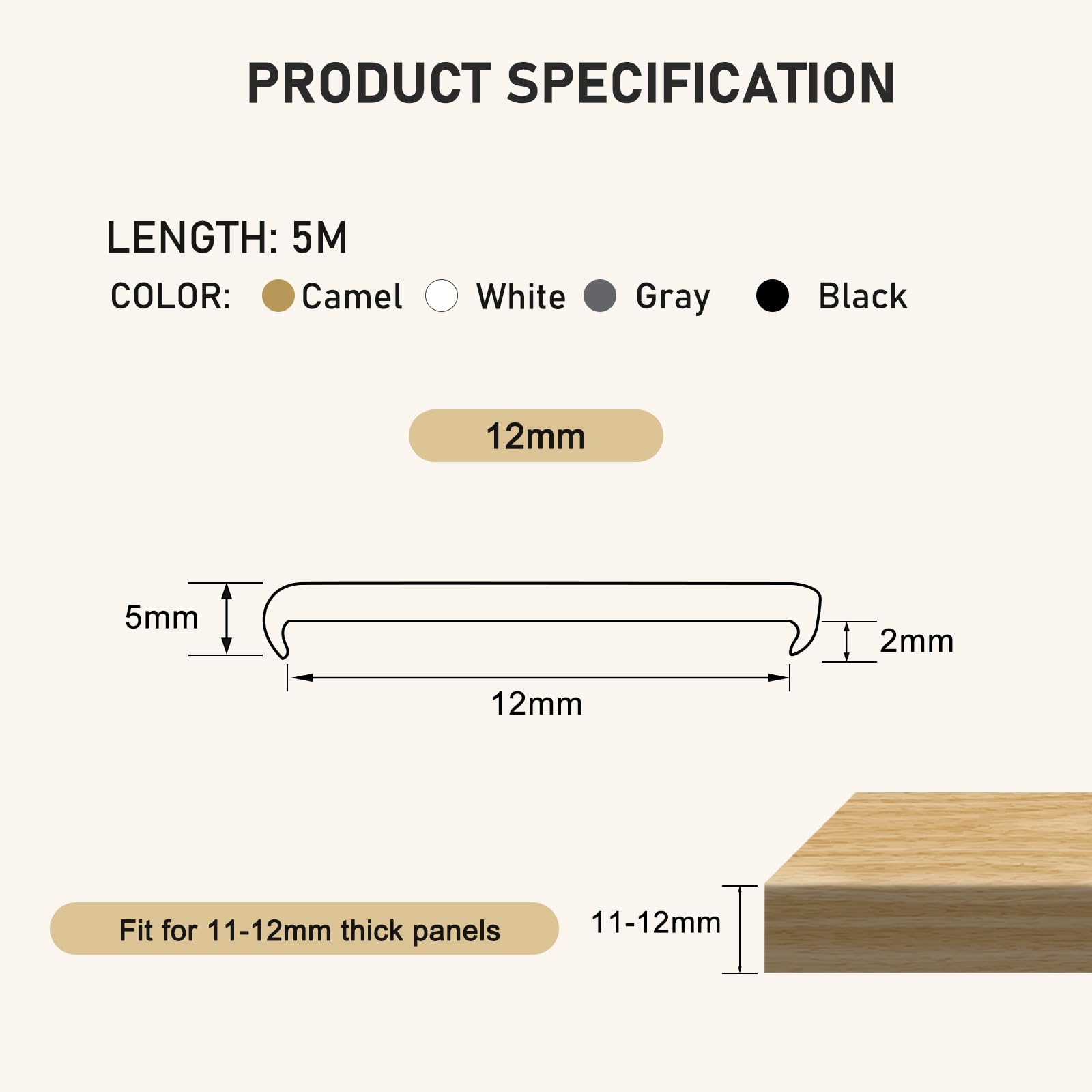 Banda de borde de muebles en forma de U, 5 m x 12 mm, TPE, autoadhesiva, protector de borde flexible para reparación de gabinetes de chapa de madera, restauración de muebles (gris, 5 m x 12 mm)