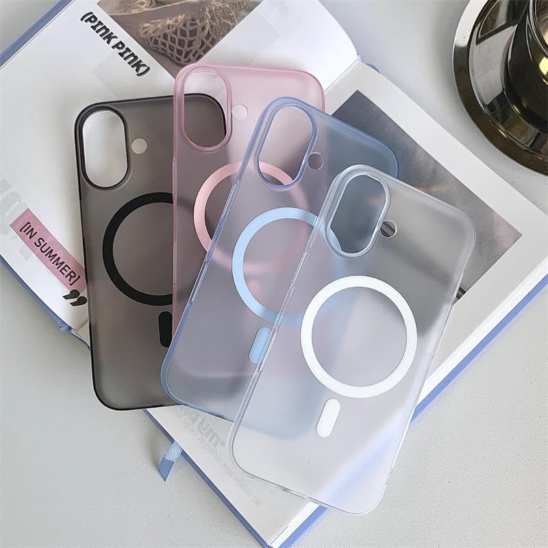 Image of DIZORO Matte Case for iPhone 16 Compatible with MagSafe, Camera Lens Full Protection, Shockproof Translucent Frosted TPU Soft Phone Cover, Anti-Fingerprint (Pink)