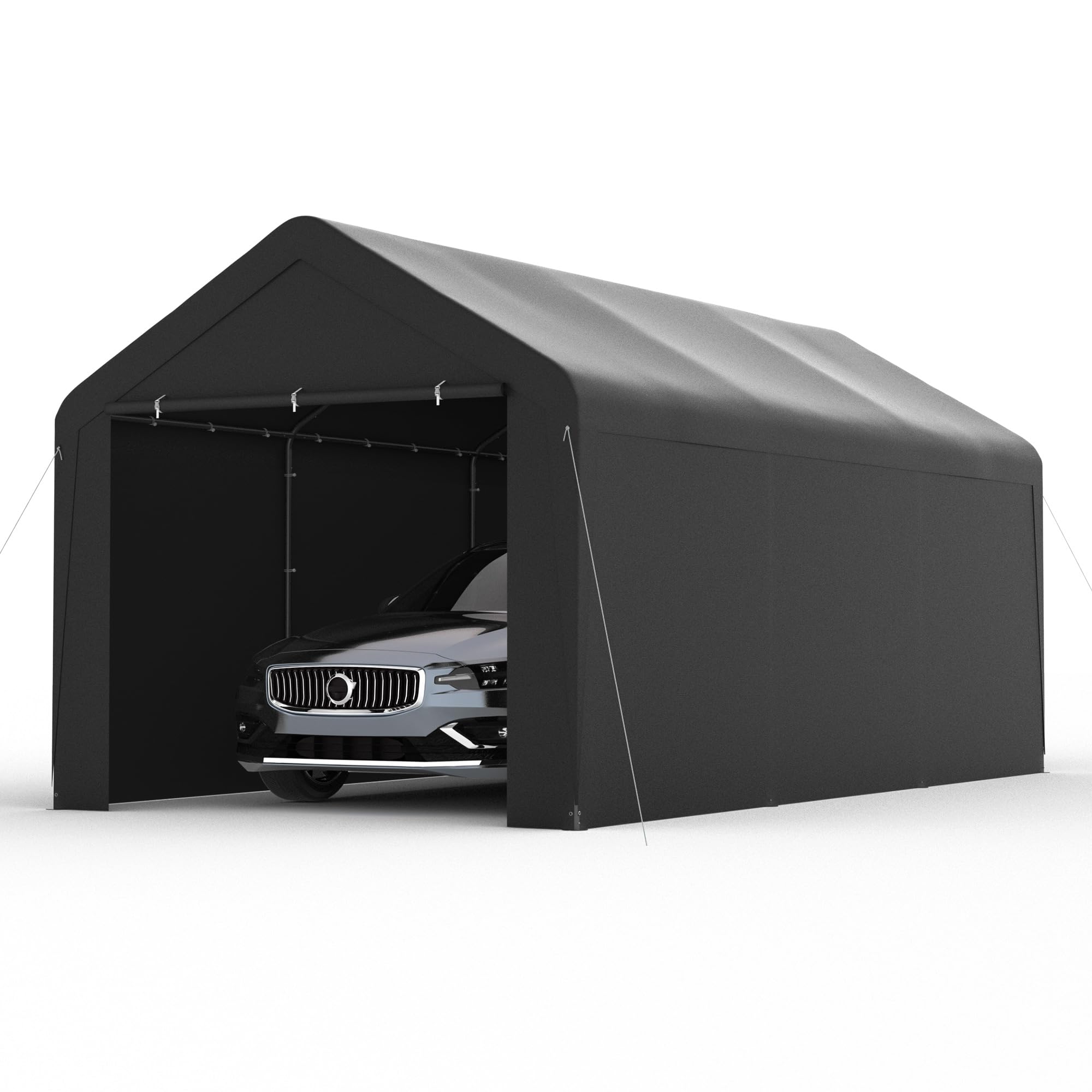 Carport, Auvent de garage de 3 x 6 m avec paroi latérale et portes amovibles (noir)