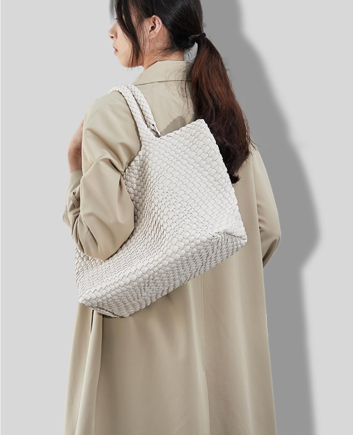 Woven Shoulder Bag for Women, Fashion Top Handle Soft Vegan Leather Shopper - Image 2