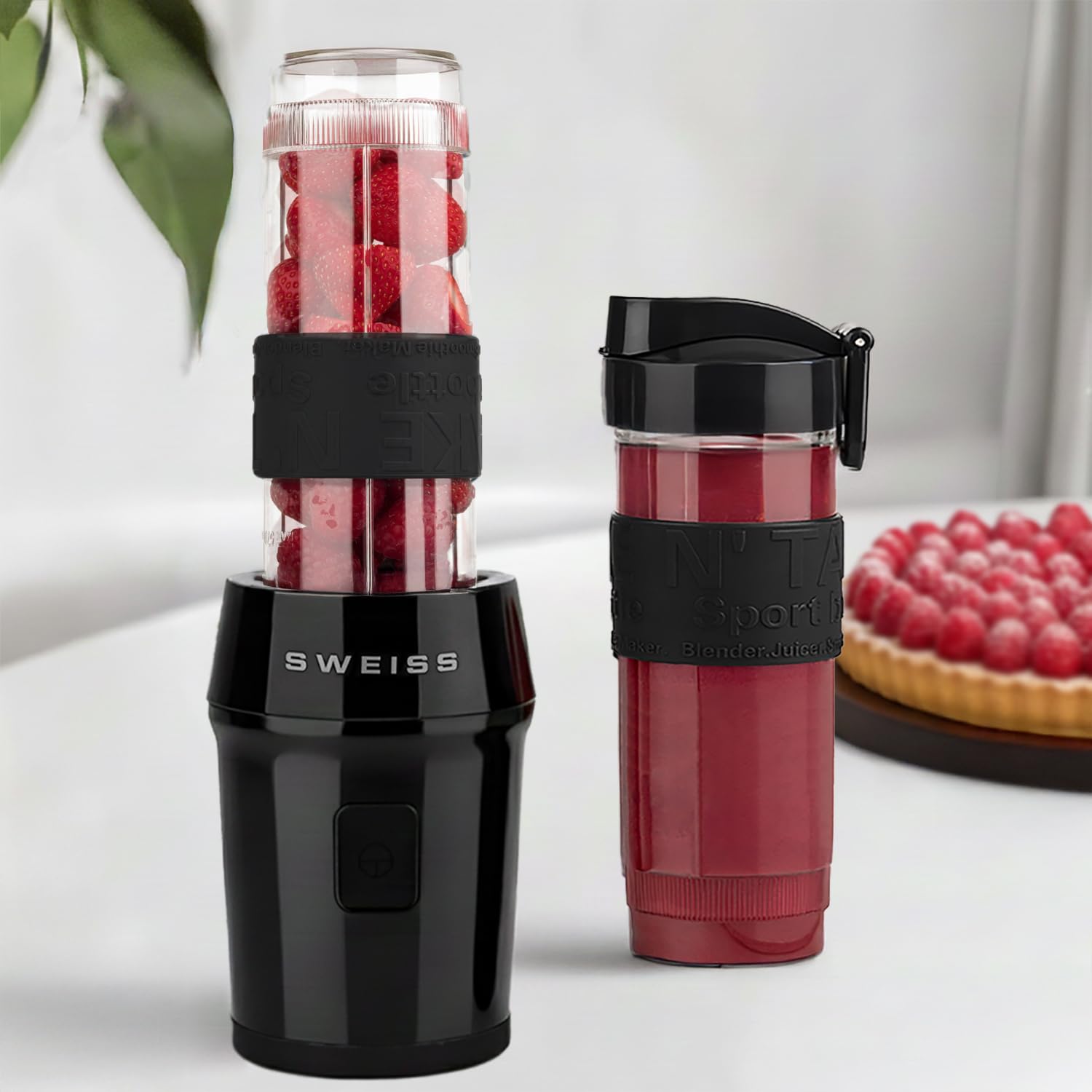 SWEISS Mini Blender, Mixeur Portable, Smoothie MOOV9, 2 Gourdes de 570 ml avec Couvercles de Voyage, 4 Lames Inox, 300W, Compatible Lave-Vaisselle, Noir