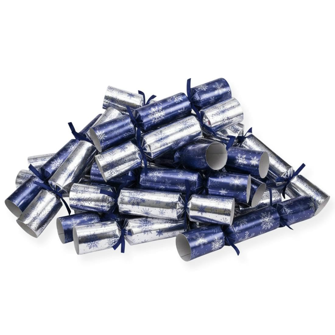 Celebration Crackers 12" Navy Snowflake Catering Christmas Crackers Bulk Pack - FSC Mix Box of 100 with Metal Gifts for Restaurants, Hotels & Schools