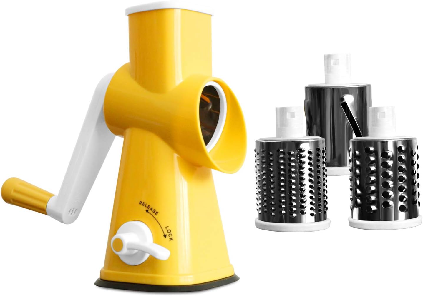 Rotary Cheese Grater Round Mandolin Drum Slicer Vegetable Shredder Cutter Nut Chopper with 3 Interchangeable Shape Stainless Steel Drums